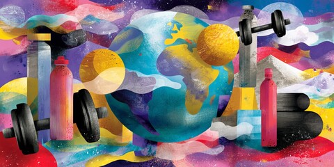 Vibrant illustration featuring a globe surrounded by fitness icons, including weights, water bottles, and playful colors representing health and