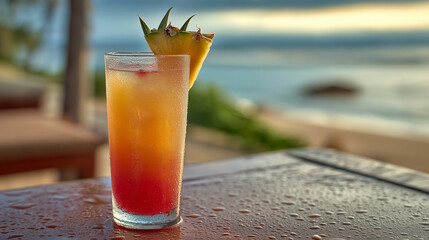 Obraz premium resort. Tropical cocktail on a beachside table with ocean view, glowing in golden hour light. bar promotions, beverage menus, designed for food & beverage menus and cafe branding.