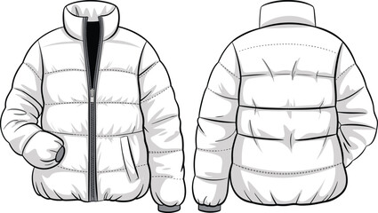 Insulated puffer jacket technical drawing, front and back views, quilted outerwear with high collar and side pockets