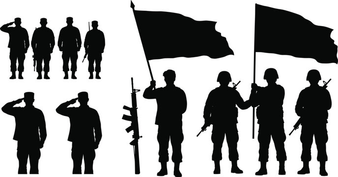 Military silhouette illustration set, saluting soldiers with flags and rifles, black vector design for patriotic and commemorative themes