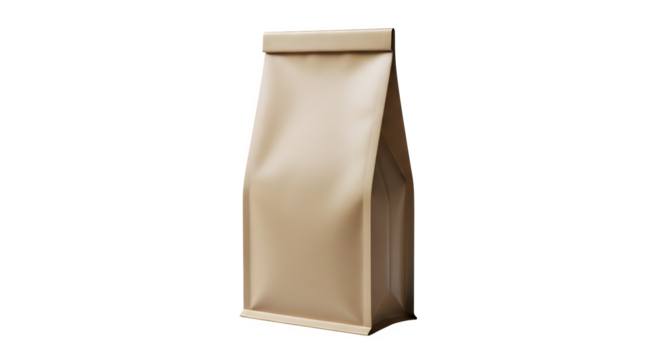 Tall narrow brown paper bag with a sealed top and creased sides on a black background