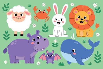 Cute cartoon animals including a sheep crab rabbit lion hippo bat and whale on a light green background
