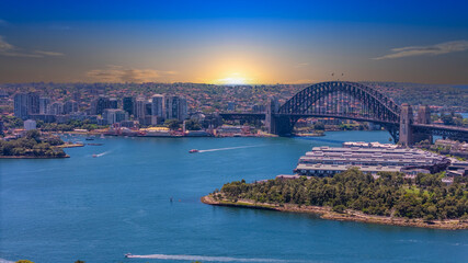 Naklejka premium 18 November 2025 Panoramic night view of Sydney Harbour and City Skyline of NSW Australia beautiful colourful skies on a beautiful spring day