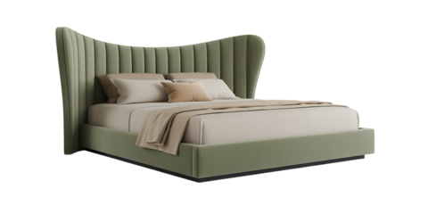 Modern olive green upholstered bed isolated on transparent background 
