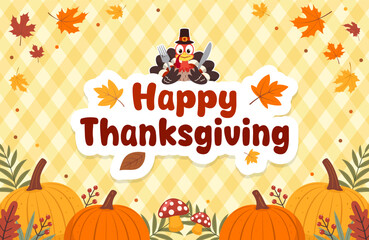 Happy Thanksgiving vector illustration. Turkey bird and autumn elements on lattice pattern background