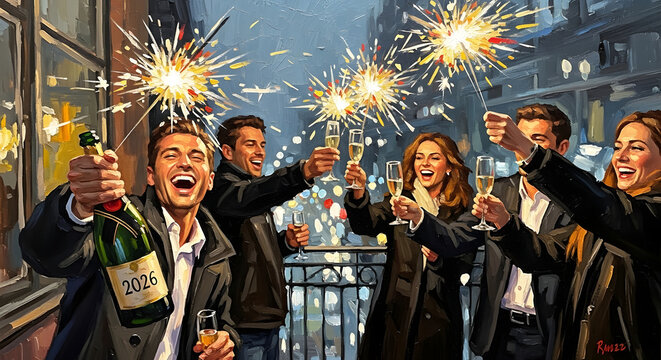 Joyful New Year's Eve Celebration 2026 with Friends, Champagne, and Sparklers - Oil Painting Art