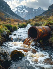 A rusty pipe pollutes a pristine mountain stream. Water flows into a rocky creek with mountains and autumn foliage