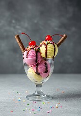 A delightful and colorful ice cream dessert with creamy scoops, drizzled chocolate sauce, vibrant sprinkles, and a sweet cherry, served in a clear glass ,summer ,pleasure ,classic