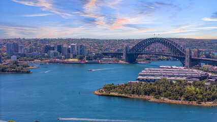 Naklejka premium 18 November 2025 Panoramic night view of Sydney Harbour and City Skyline of NSW Australia beautiful colourful skies on a beautiful spring day