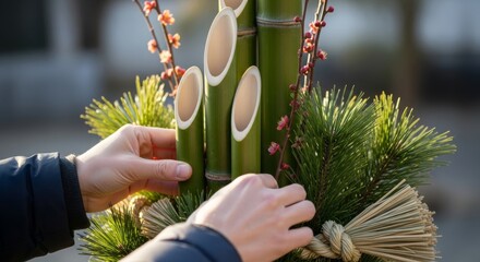 Hands arranging traditional Japanese kadomatsu decoration with bamboo  