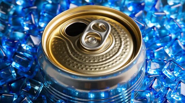 Close-up of a beverage can surrounded by bright blue ice cubes, featuring a shiny metallic surface and a prominent pull tab