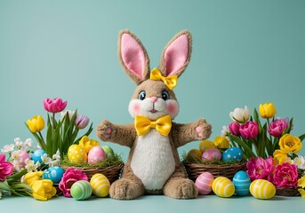 A delightful bunny mascot surrounded by vibrant springtime flowers and beautifully decorated eggs, evoking festive joy and holiday spirit ,tradition ,cute ,green