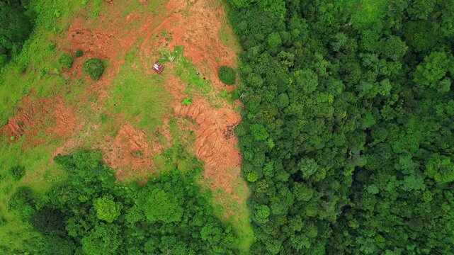Rotating top‑view aerial of the Bataanes in Bagac, Bataan, highlighting the sharp contrast between reddish dirt clearings and dense green trees across the hilly terrain.