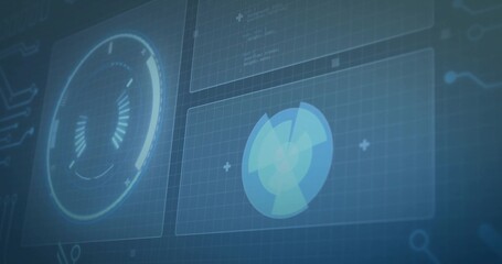 Displaying translucent blue HUD on gridded screen, showing left ringed gauge and right radar disk