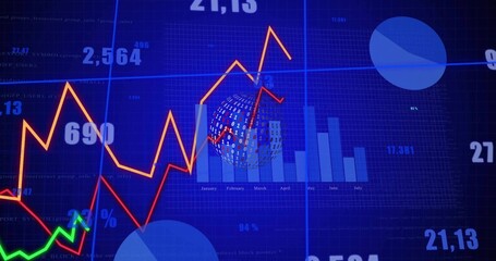 Displaying dashboard on blue grid, showing orange red lines, monthly bars, binary globe