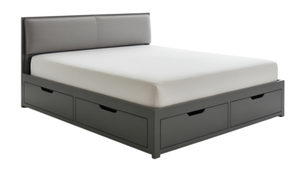 A sleek low-profile bed with soft-close drawers, perfect for a modern urban space. 
