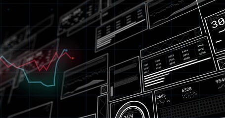 Showing dashboard panels in virtual UI with teal and red line charts, numeric tables, gauge 2474