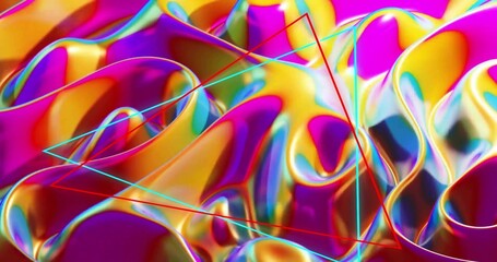 Displaying iridescent folded surface with specular gleams in CGI, featuring cyan red triangles