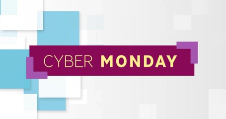 Displaying centered maroon banner featuring CYBER MONDAY in online poster, with purple tabs