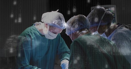 Performing surgical team operating in dim OR wearing gowns masks using tools with binary overlay