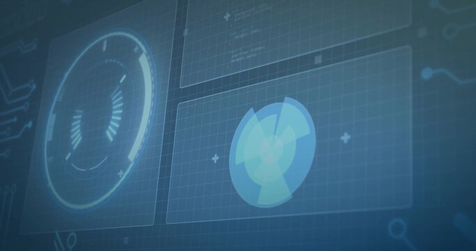 Displaying translucent blue HUD on gridded screen, showing left ringed gauge and right radar disk - Powered by Adobe