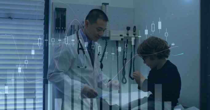 Reviewing doctor in white coat examining child on exam table, stethoscope paperwork chart overlays