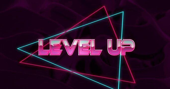 Glowing neon wordmark LEVEL UP dominating retro poster, showing cyan and magenta triangle outlines