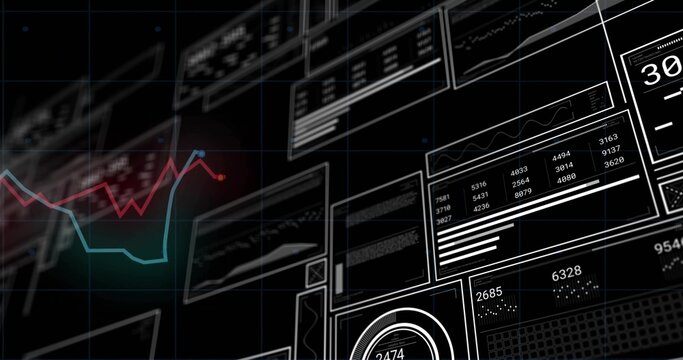 Showing dashboard panels in virtual UI with teal and red line charts, numeric tables, gauge 2474