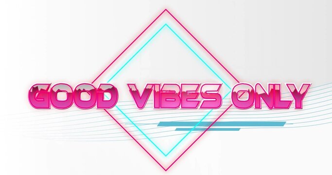 Displaying 3D pink GOOD VIBES ONLY text floating on gradient, showing cyan diamond and teal lines