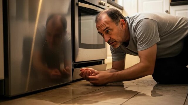 Caucasian man inspecting a dishwasher leak on the kitchen floor, showing a home appliance malfunction and repair concept, video