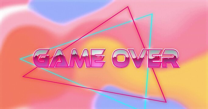 Displaying central 3D 'GAME OVER' text floating on pastel gradient backdrop, with neon triangles - Powered by Adobe
