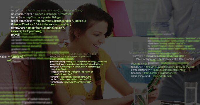 Smiling woman in yellow top holding smartphone, working in coworking space, laptop, code overlay