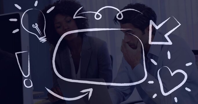 Discussing two colleagues leaning toward laptop at office in business attire with doodle overlay