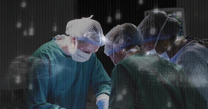 Performing surgical team operating in dim OR wearing gowns masks using tools with binary overlay - Powered by Adobe