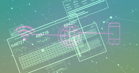 Displaying keyboard schematic with wireframe UI panels on teal plane showing magenta globe link