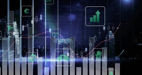 Displaying stylized finance charts over night skyline with panels bars trend lines glowing band
