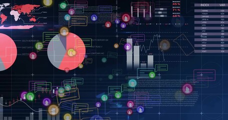 Displaying analytics dashboard cluster running on screen, showing pie charts, bar and line graphs