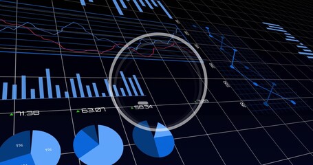 Highlighting translucent HUD ring overlaying tilted 3D grid plane, showing bar, pie, line charts