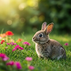 A delightful small rabbit sits peacefully amidst colorful summer blossoms and lush green grass enjoying the warm afternoon sun ,heat ,idyllic ,vibrant