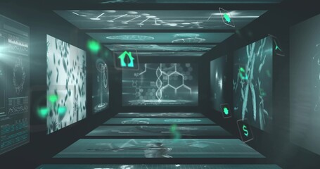 Glowing futuristic corridor showing translucent panels, DNA helix and floating icons in lab