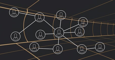 Linking central hub avatar node to white nodes, lines in tunnel, golden grid vanishing point right