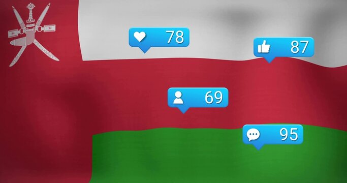Naklejki Displaying Oman flag rippling in studio, showing four blue bubbles heart78 likes87 user69 comment95