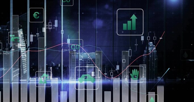 Displaying stylized finance charts over night skyline with panels bars trend lines glowing band