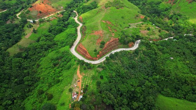 Tilt‑down aerial of Quinawan Mountain View in Mariveles, Bataan, showing winding roads cutting through dense green trees and hills, highlighting the contrast of nature and path.
