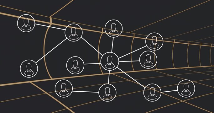 Linking central hub avatar node to white nodes, lines in tunnel, golden grid vanishing point right - Powered by Adobe