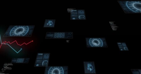 Floating blue HUD panels centering in virtual void, showing radial dials, map, red-cyan graph