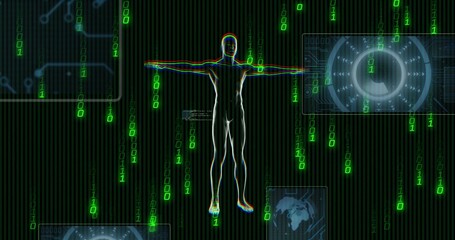 Standing glowing silhouette holding arms in T-pose on data grid, with falling binary and HUD panels