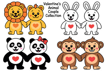 Valentine's day animal couples collection featuring a lion bear rabbits pandas and monkeys holding hands together