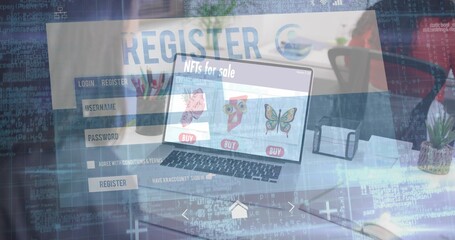 Showing laptop displaying NFTs with BUY buttons at office desk, featuring register UI, code overlay