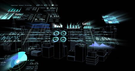 Displaying holographic 3D block cluster floating in virtual space, showing bar charts and gauges